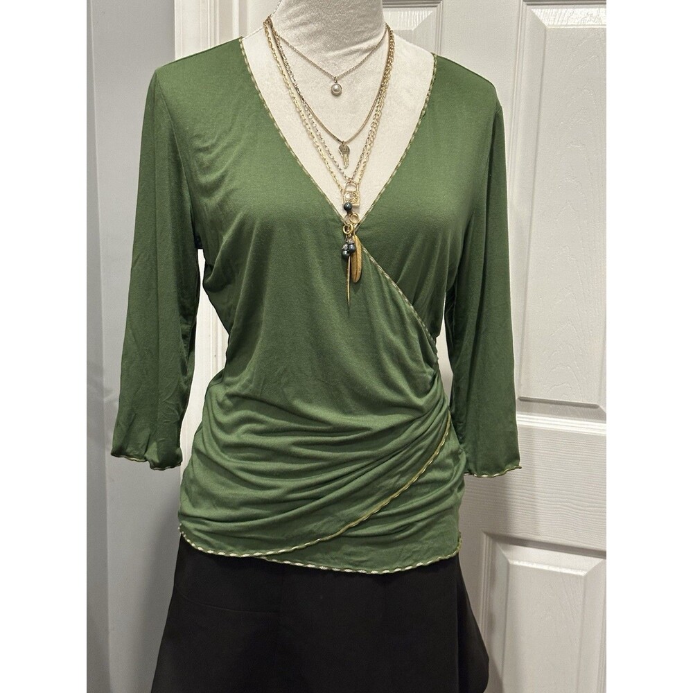 Olive Green Y2K Form-Fitting Side Ruching V-Neck Venus Wrap 3/4 Sleeve Sz M